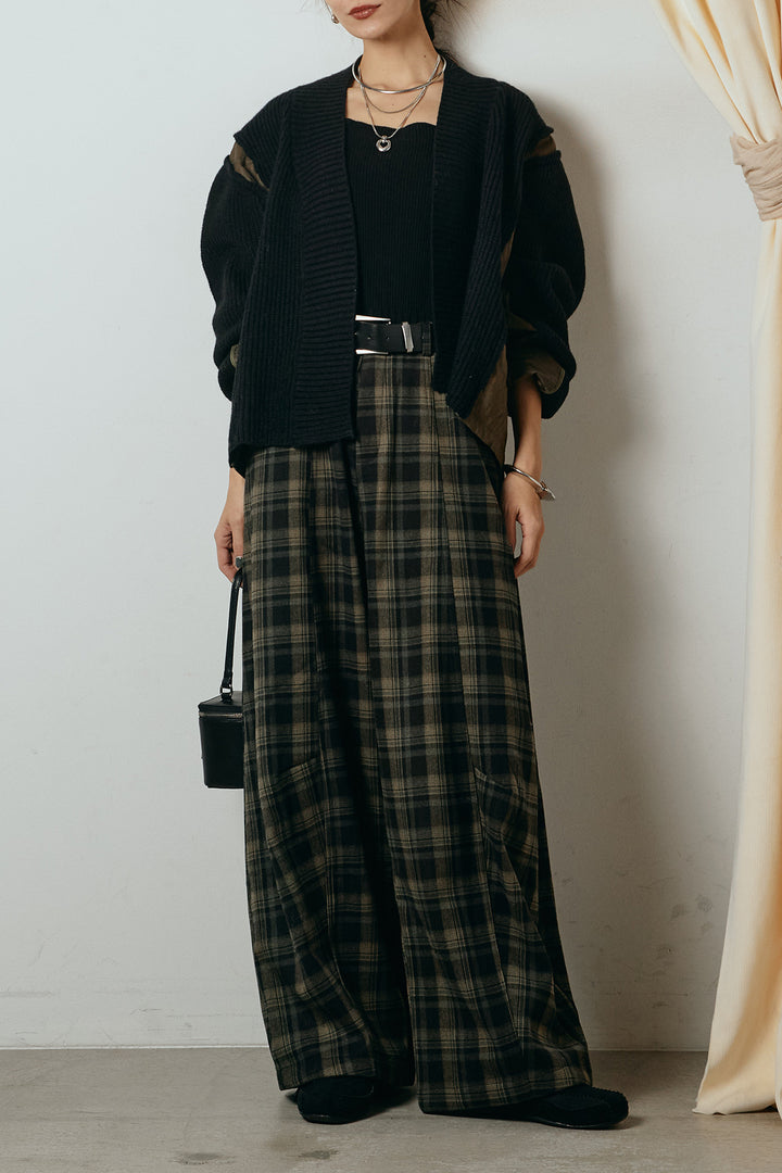 [SET]キルティング切り替えニットカーディガン+ベルト付きタータンチェックカーブワイドパンツ(2set)
