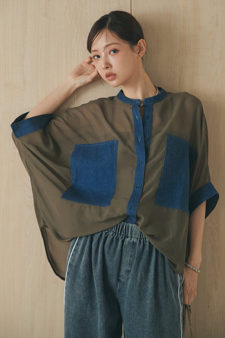 [SET]デニムライクビッグツーポケシアーシャツ+ドロストサイドラインデニムパンツ(2set)