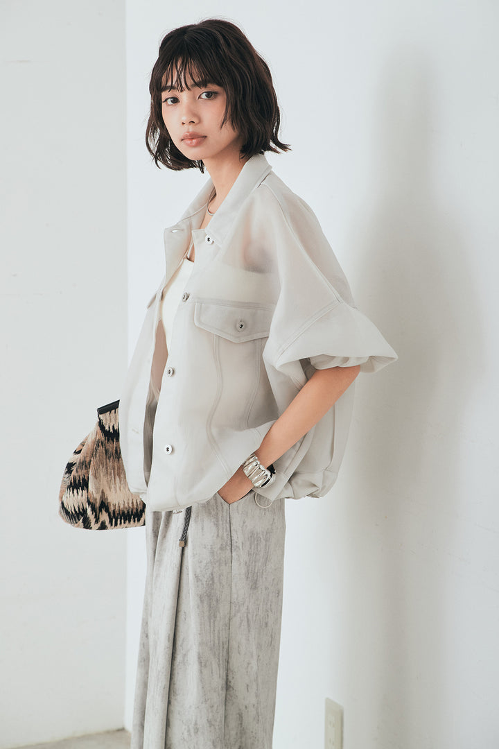 [SET]シアーダンボールサイドドロストジャケット+紐ベルト付きかすれ柄ワイドスラックス(2set)