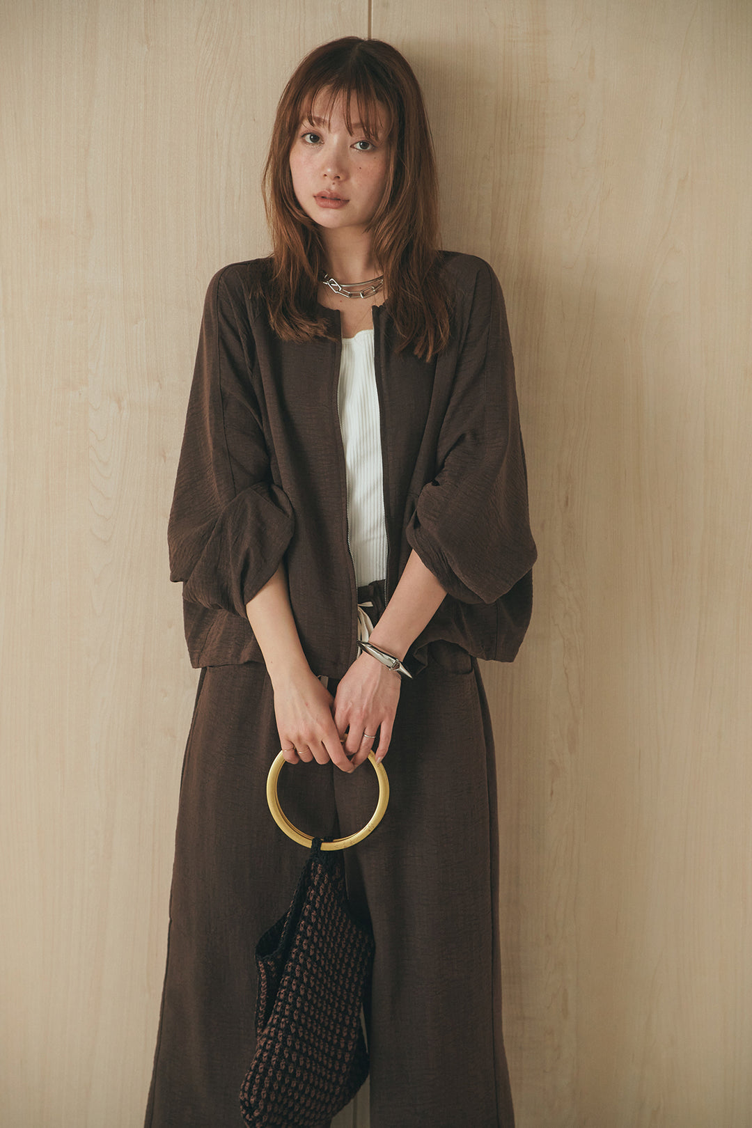 [SET]麻混ノーカラーブルゾン+麻混ウエストドロストパンツ(2set)