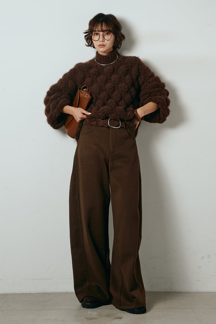 [SET]ボリュームポップコーンニットトップス+編みベルト付きワイドパンツ(2set)