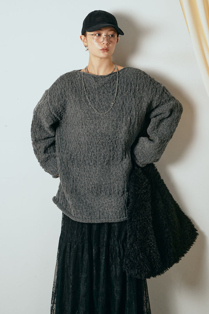 [SET]ボリューム編みニットプルオーバー+ひげレース切替ロング丈スカート(2set)