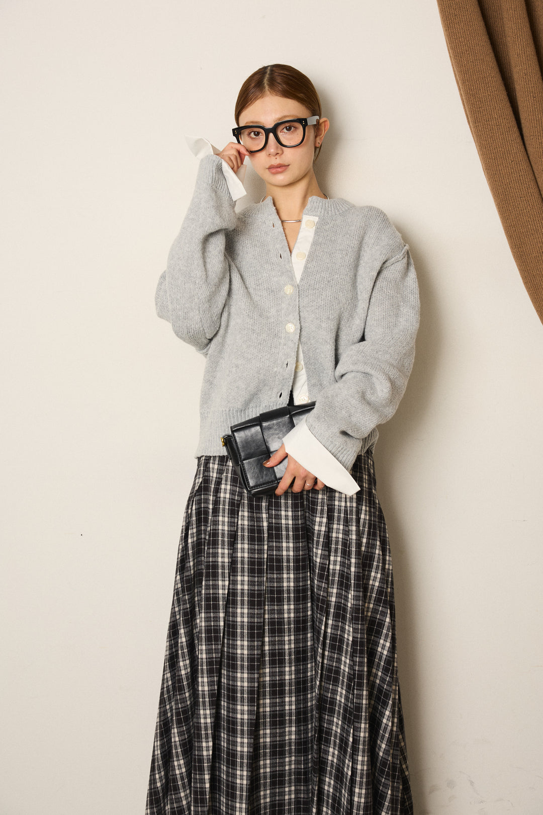 [SET]シャツドッキングニットカーディガン+ベルト付きタータンチェックプリーツスカート(2set)