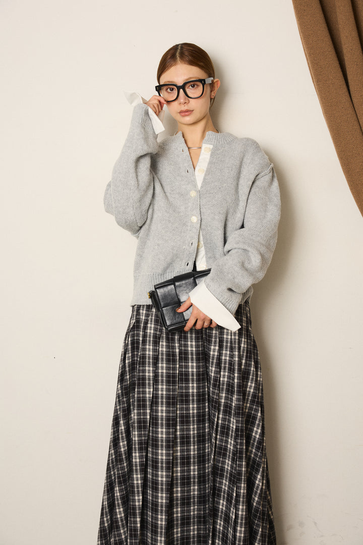 [SET]シャツドッキングニットカーディガン+ベルト付きタータンチェックプリーツスカート(2set)