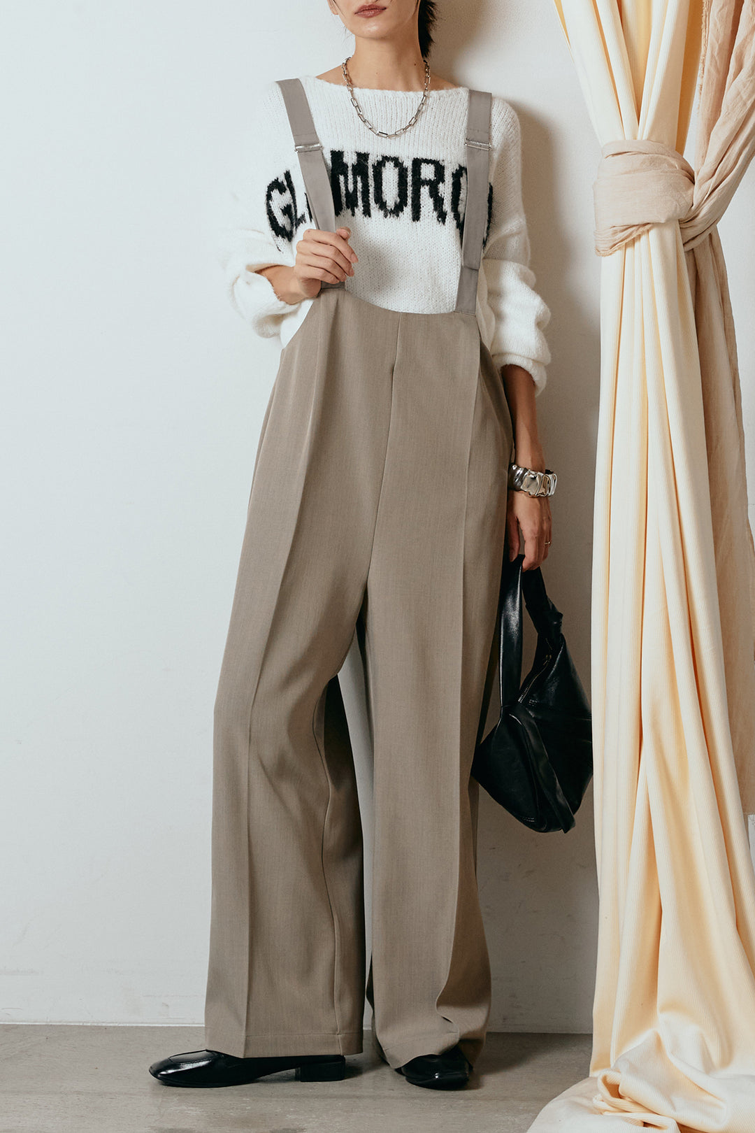 [SET]フロントロゴデザインニットトップス+ワイドツイルサロペット(2set)