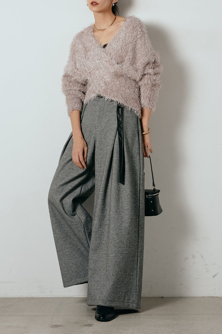 [SET]シャギークロスニットトップス+細ベルト付き起毛タックワイドパンツ(2set)