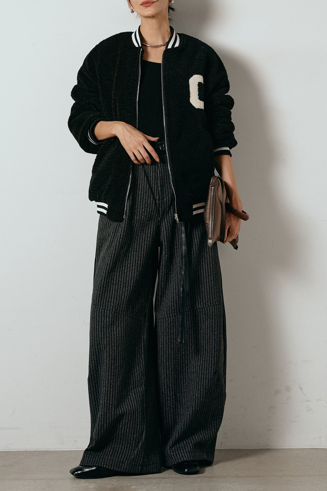 [SET]ロゴスタジャンボアブルゾン+レザーライク配色ストライプパンツ(2set)