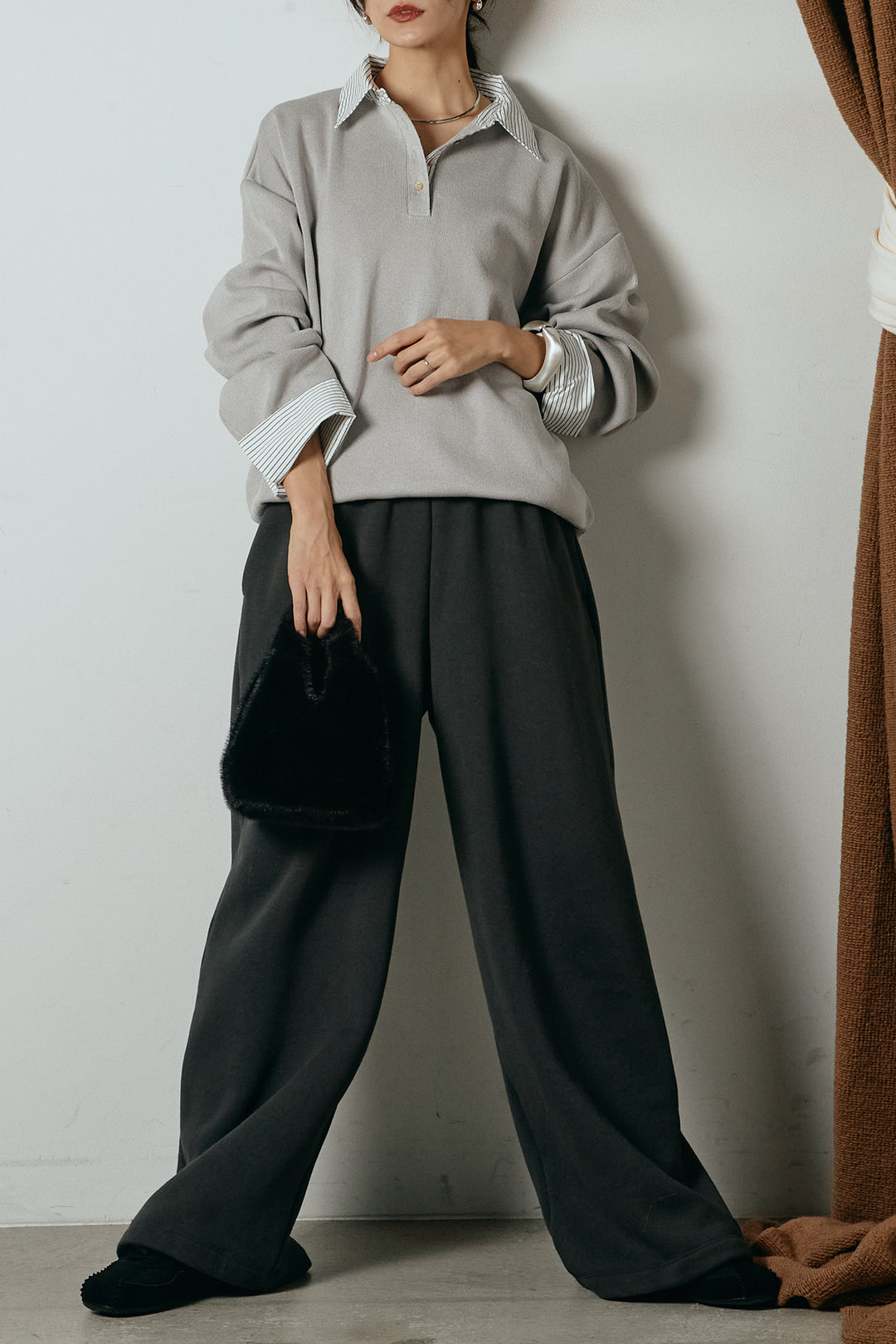 [SET]ストライプシャツドッキングポロトップス+裏起毛スウェットワイドパンツ(2set)