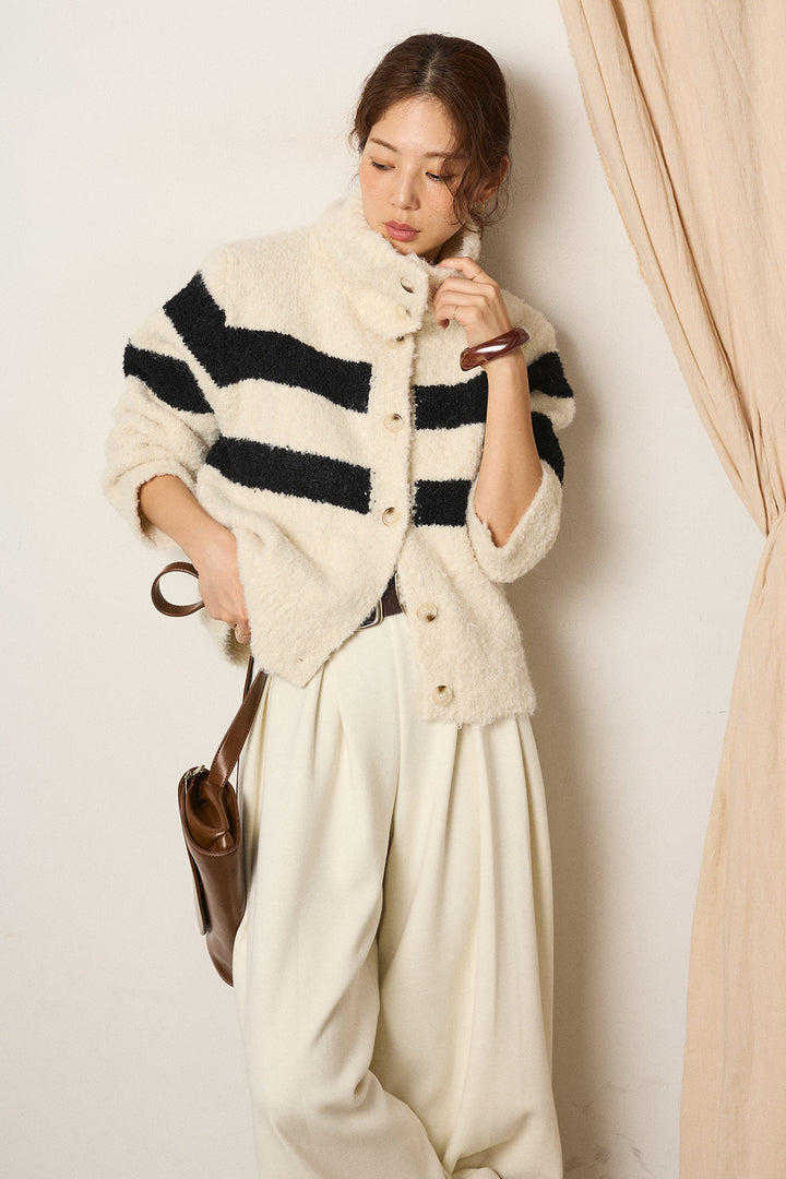 [SET]ハイネックボーダーニットカーディガン+フェイクレザー太ベルト付きタックワイドパンツ(2set)