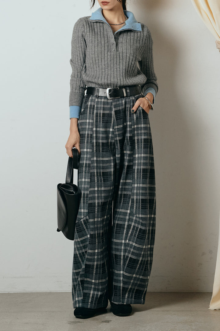 [SET]レイヤード風リブニットトップス+ベルト付きタータンチェックカーブワイドパンツ(2set)