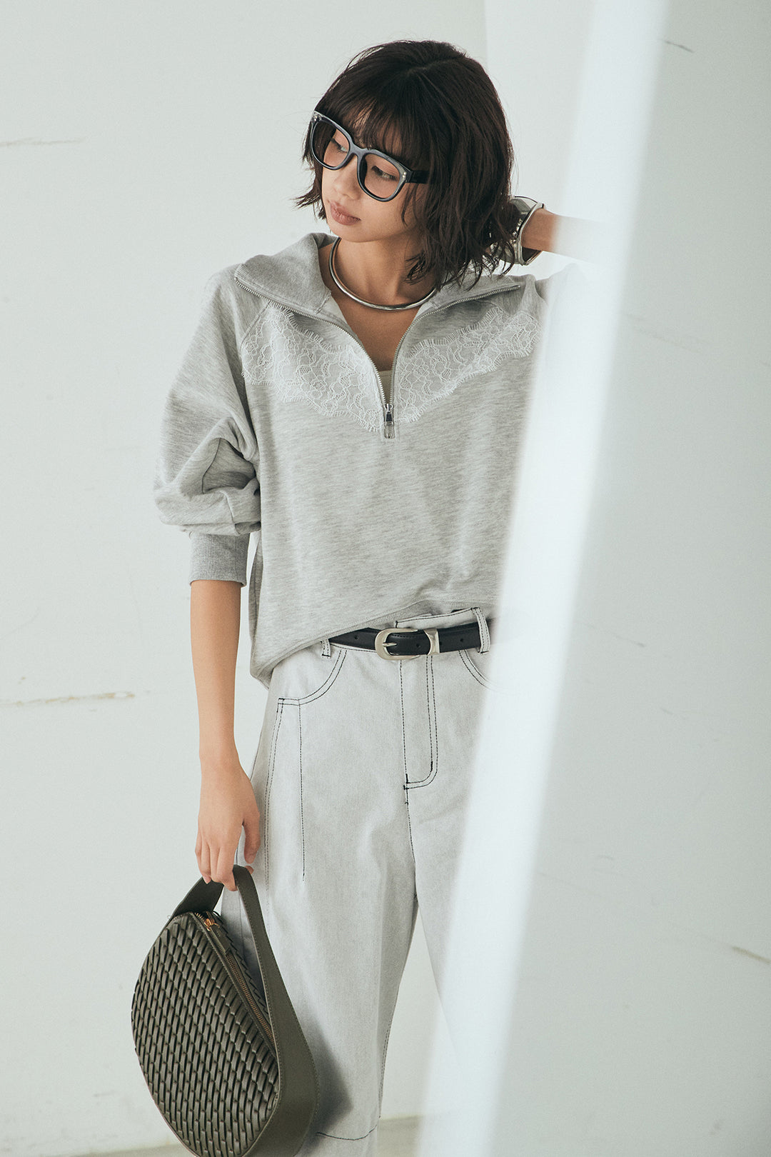 [SET]リバーレースハーフジップ裏毛スウェット+ツイル配色ステッチバレルパンツ(2set)