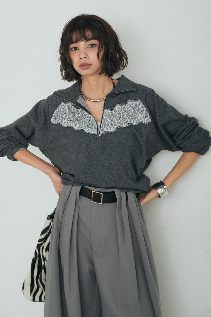 [SET]リバーレースハーフジップ裏毛スウェット+ベルト付きタックデザインハイウエストロングパンツ(2set)