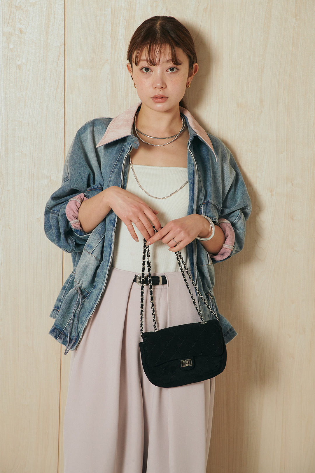 [SET]襟付き配色デニムブルゾン+ビックベルトループタックベルト付きワイドパンツ(2set)