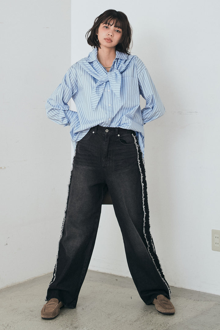 [SET]ランダムストライプスカーフ付きシャツ+デニムサイドフリルパンツ(2set)
