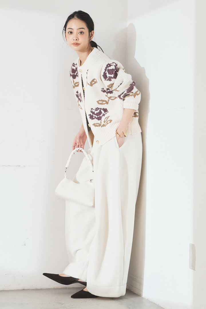 [SET]花柄ジャガードニットカーディガン+ウールタッチカーブワイドパンツ(2set)