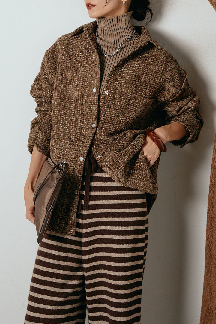 [SET]ルーズクラッシュツイルシャツ+ボーダーリラックスニットパンツ(2set)