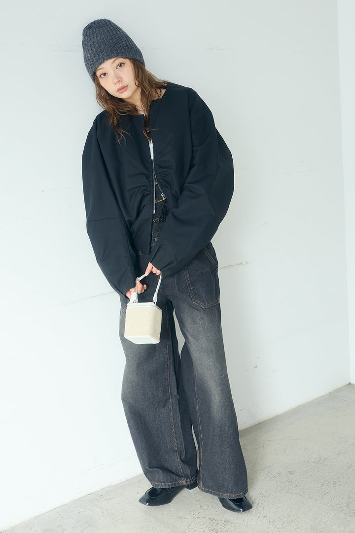 [SET]ノーカラーフロントギャザージップアウター+デニムサロペットワイドパンツ(2set)