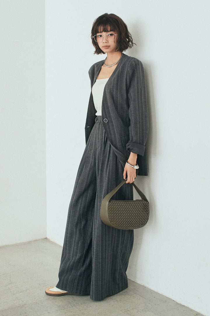 [SET]ノーカラーピンストライプジャケット+ピンストライプワイドスラックス(2set)