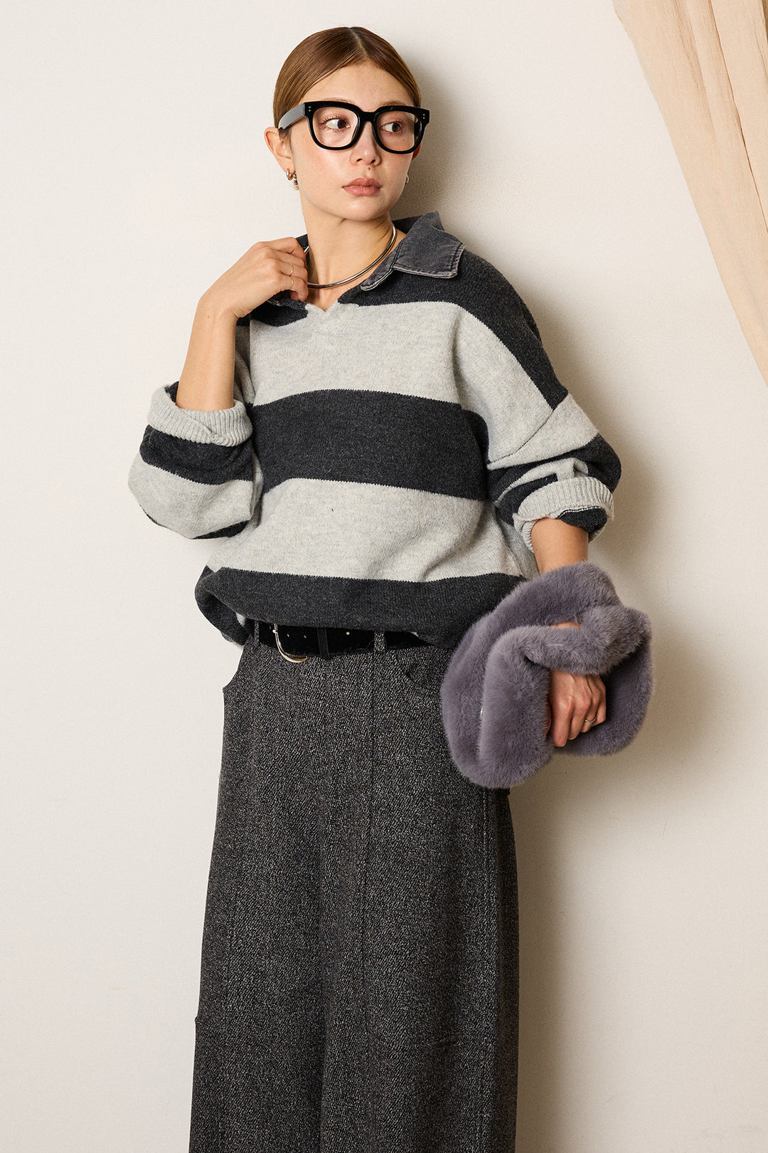 [SET]デニムカラーボーダールーズニット+太ベルト付きツイードワイドパンツ(2set)