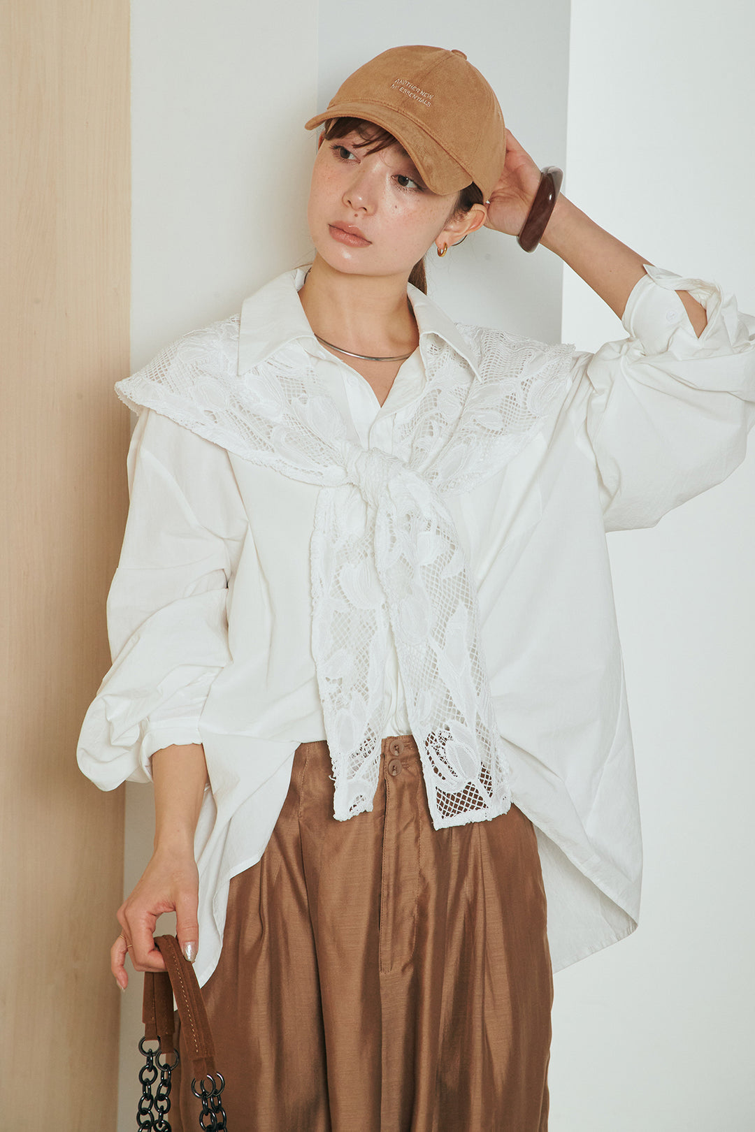 [SET]フラワー柄スカーフ付きシャツ+ダブルボタンワイドパンツ(2set)