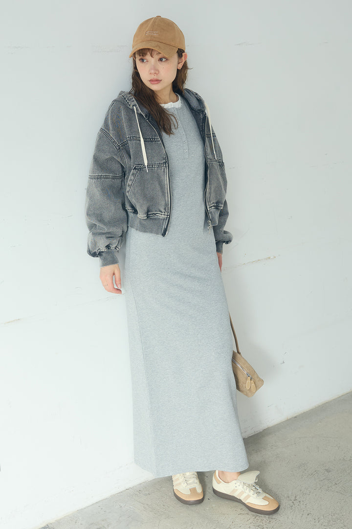 [SET]デニムダブルジップパーカーブルゾン+レイヤード見えヘンリーネックロングワンピース(2set)