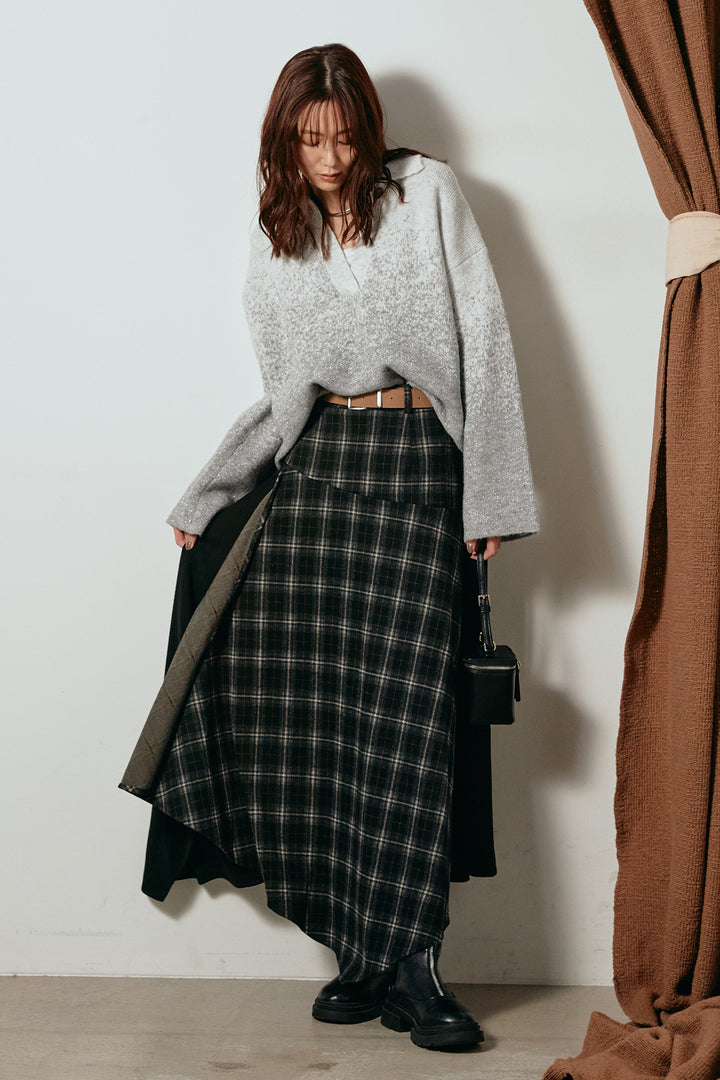 [SET]グラデーションラメニットキーネックプルオーバー+フェイクレザーベルト付き切り替えタータンチェックスカート(2set)