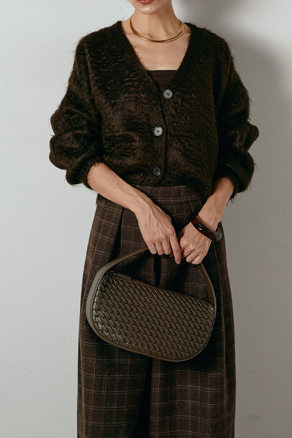 起毛ボタンニットカーディガン/コーヒー