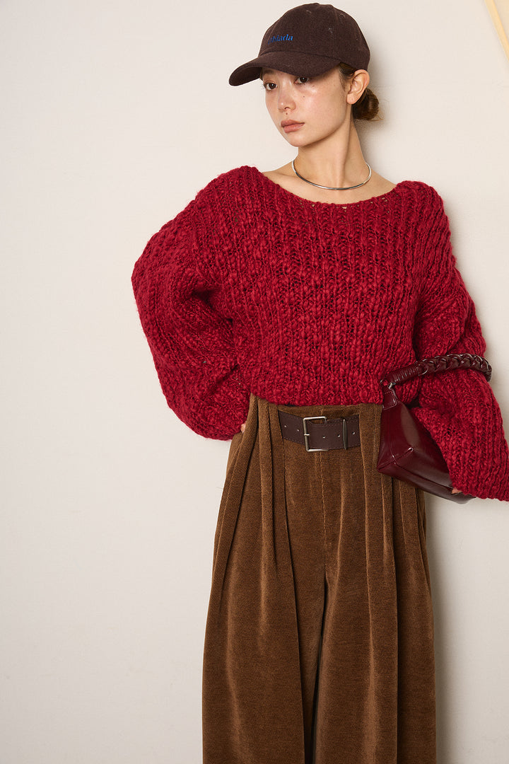 [SET]チャンキースラブニットクロップドプルオーバー+ベルトループコーデュロイワイドパンツ(2set)