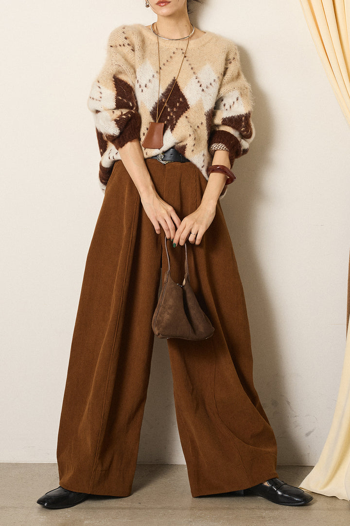 [SET]配色アーガイル柄ニットトップス+ベルト付きコーデュロイワイドパンツ(2set)