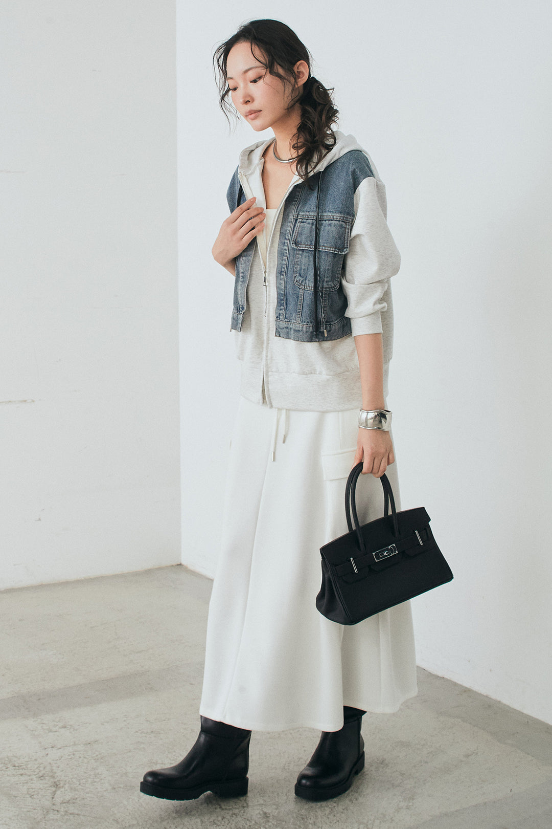 [SET]デニム切替ポンチダブルジップパーカー+リラックススウェットスカート(2set)