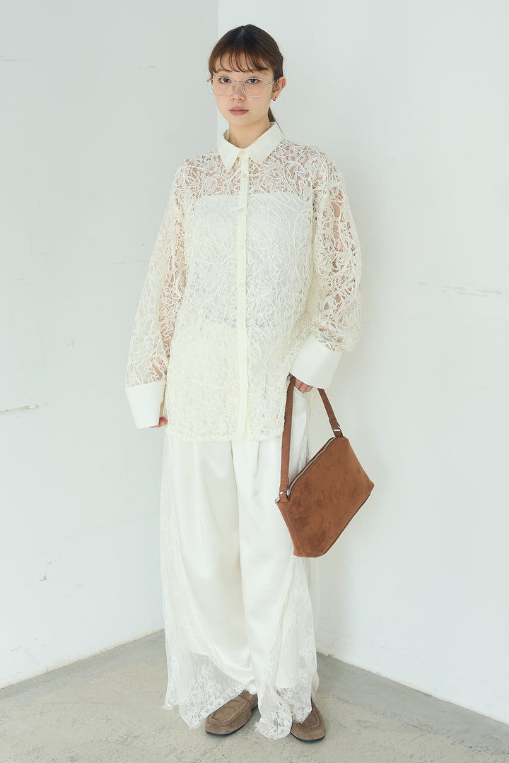 [SET]刺繍レースオーバーサイズシャツ+サテンレース切り替えタックパンツ(2set)