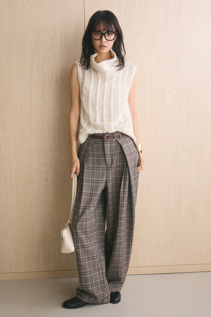 [SET]ハイルーズタートル透かし編みニットベスト+ブリティッシュチェックバレルパンツ(2set)