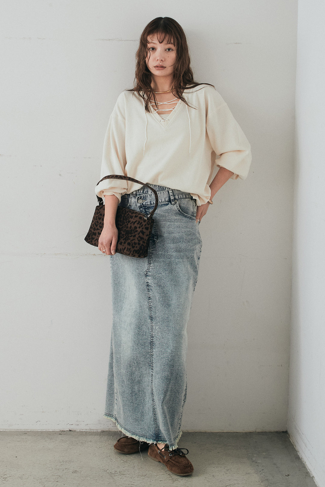 [SET]レースアップワッフルボーダートップス+ウエストクロスデニムタイトスカート(2set)