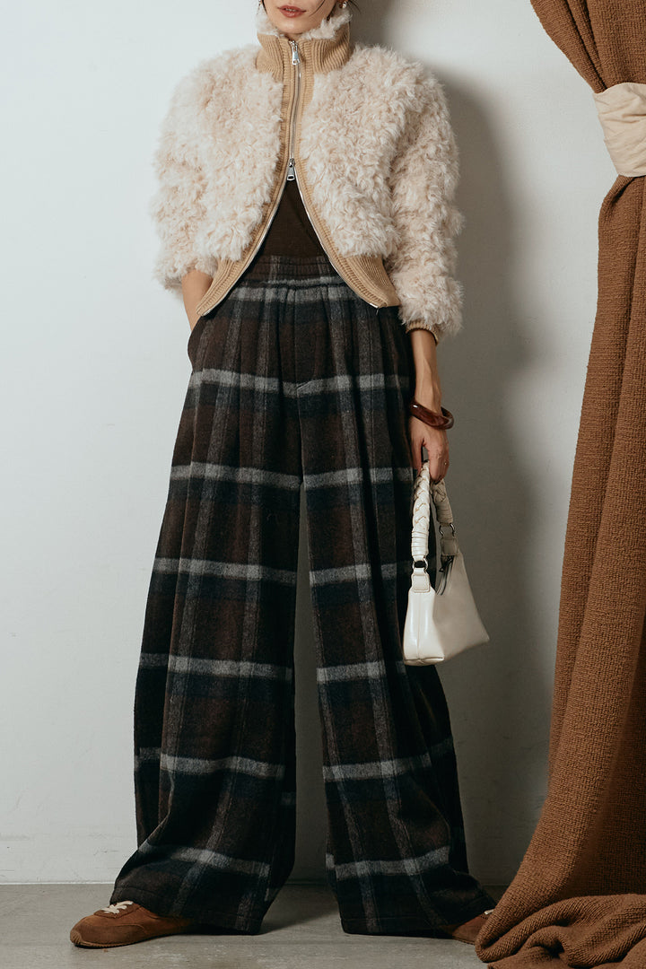 [SET]ハイネックショート丈ボアジップブルゾン+起毛タータンチェック柄ワイドパンツ(2set)