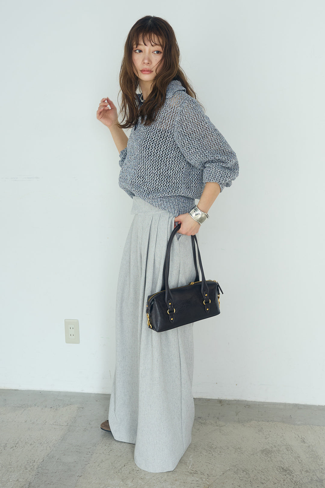 [SET]ミックスメッシュポロニット+麻混タックワイドパンツ(2set)