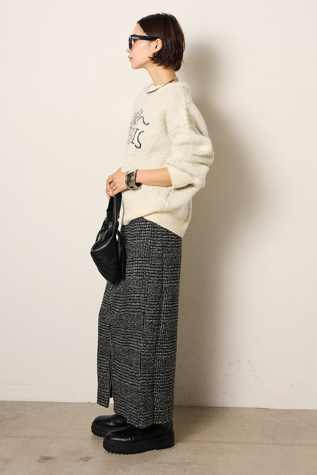 [SET]ロゴシャギーニットプルオーバー+グレンチェック柄フロントジップタイトスカート(2set)