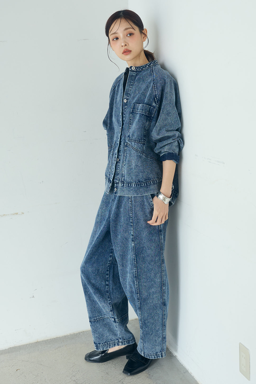 [SET]カラーデニムケミカル加工ノーカラーブルゾン+カラーデニムケミカル加工コクーンパンツ(2set)