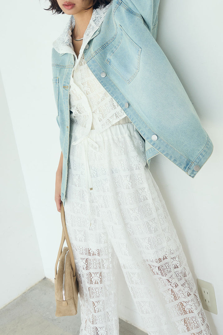 [SET]デニムオーバーサイズジャケット+パッチワークレースイージーパンツ+パッチワークレースショート丈フードシャツ(3set)