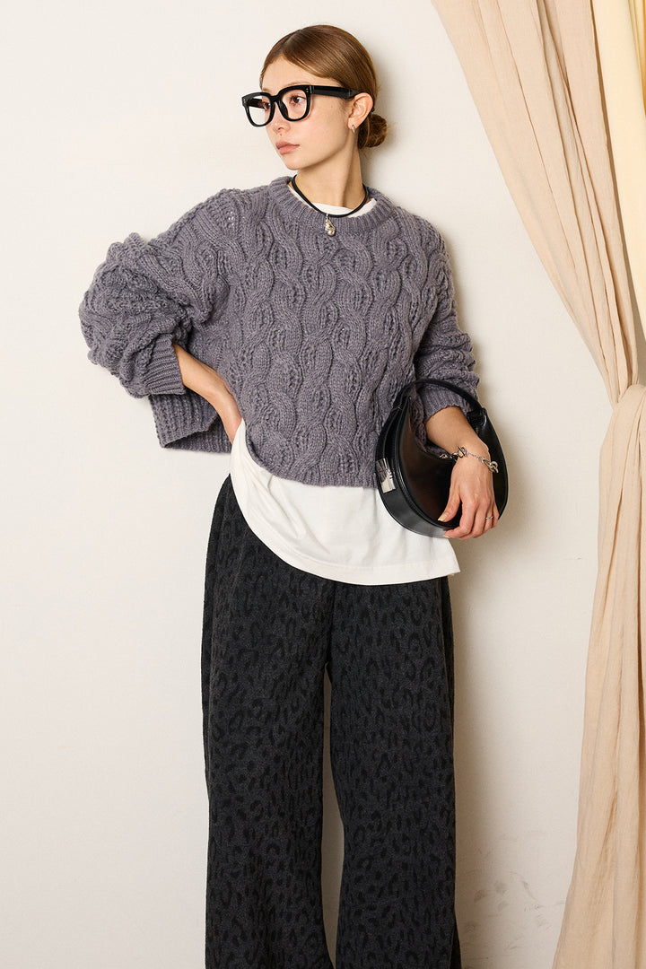 [SET]ケーブルリラックスショートニット+箔プリントBIGシルエットロングスリーブTシャツ+レオパードジャガードニットパンツ(3set)