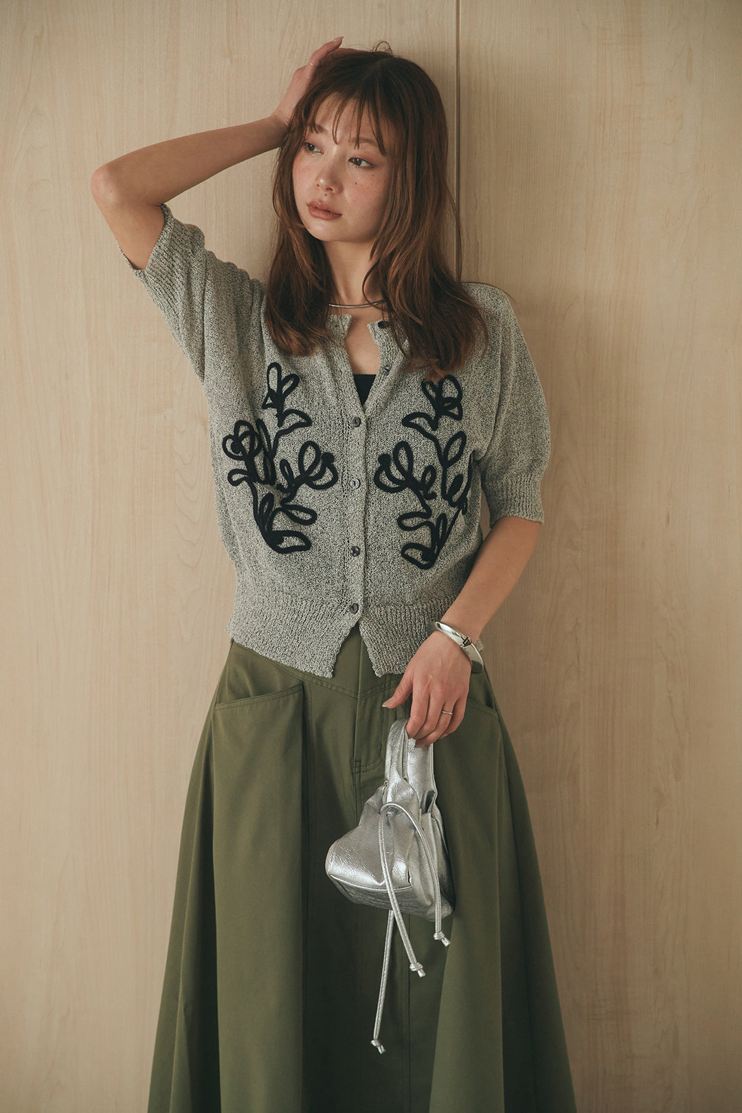 [SET]フロントテープデザイン半袖カーディガン+ミリタリーツイルタックフレアスカート(2set)