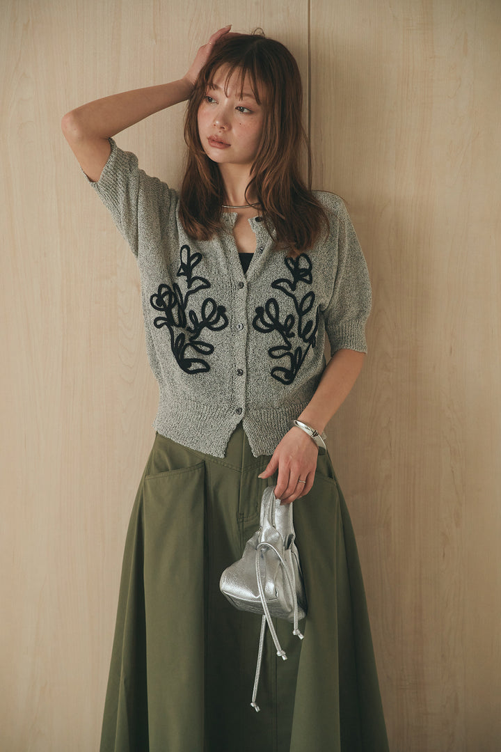[SET]フロントテープデザイン半袖カーディガン+ミリタリーツイルタックフレアスカート(2set)