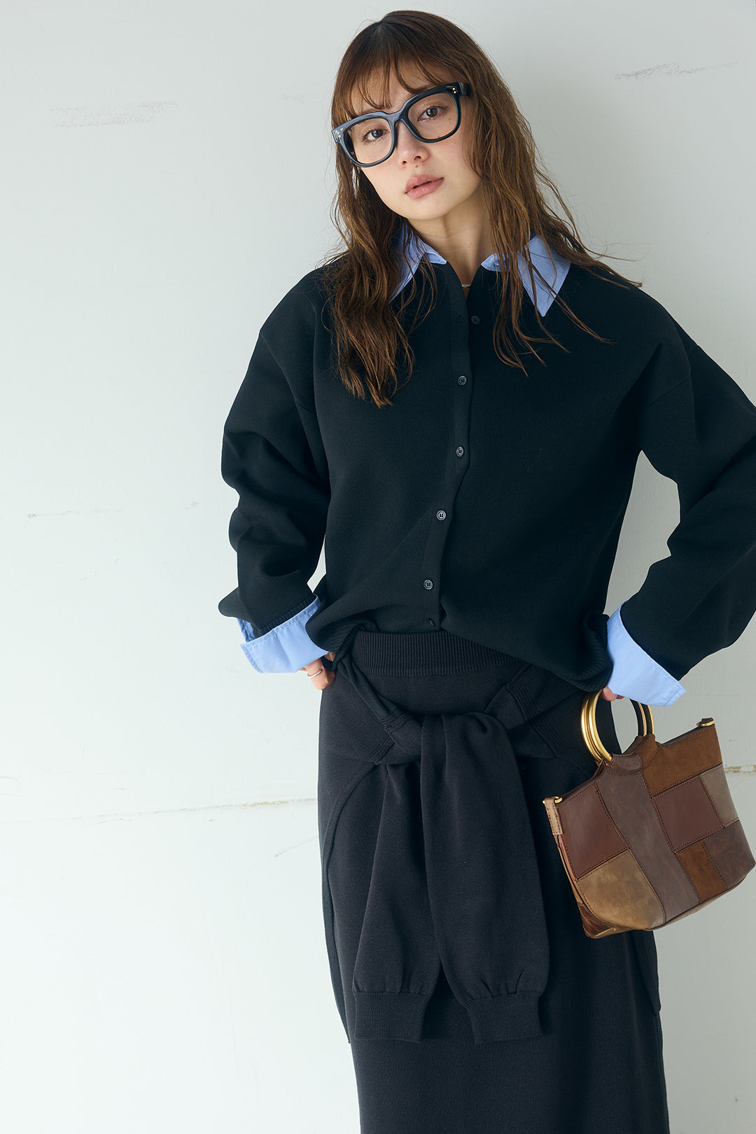 [SET]シャツレイヤード風カーディガン+レイヤードニット巻きスカート(2set)