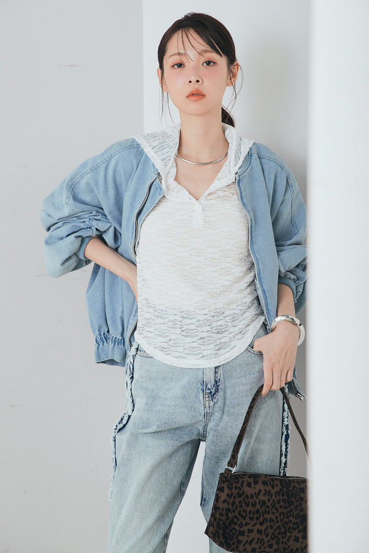 [SET]袖シャーリング裾フリルデニムブルゾン+デニムサイドフリルパンツ(2set)