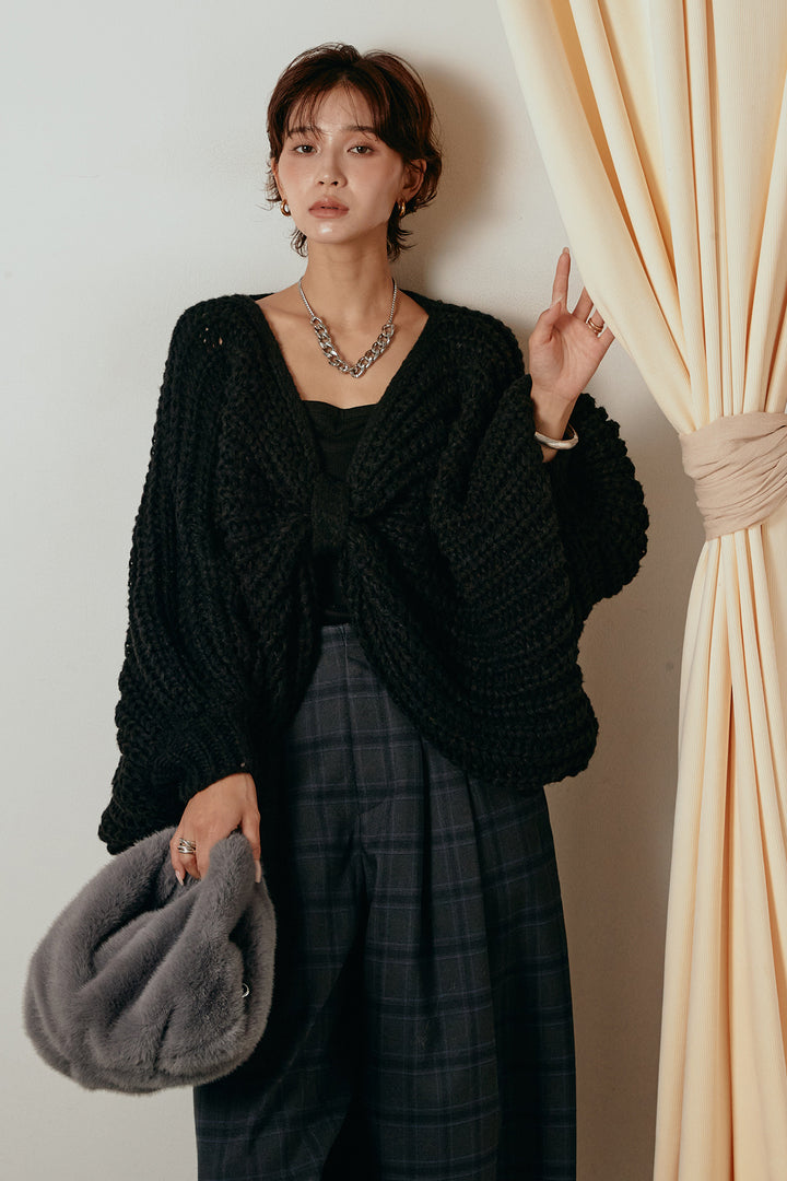 [SET]フロントツイストニット編みトップス+タータンチェック柄くすみワイドパンツ(2set)
