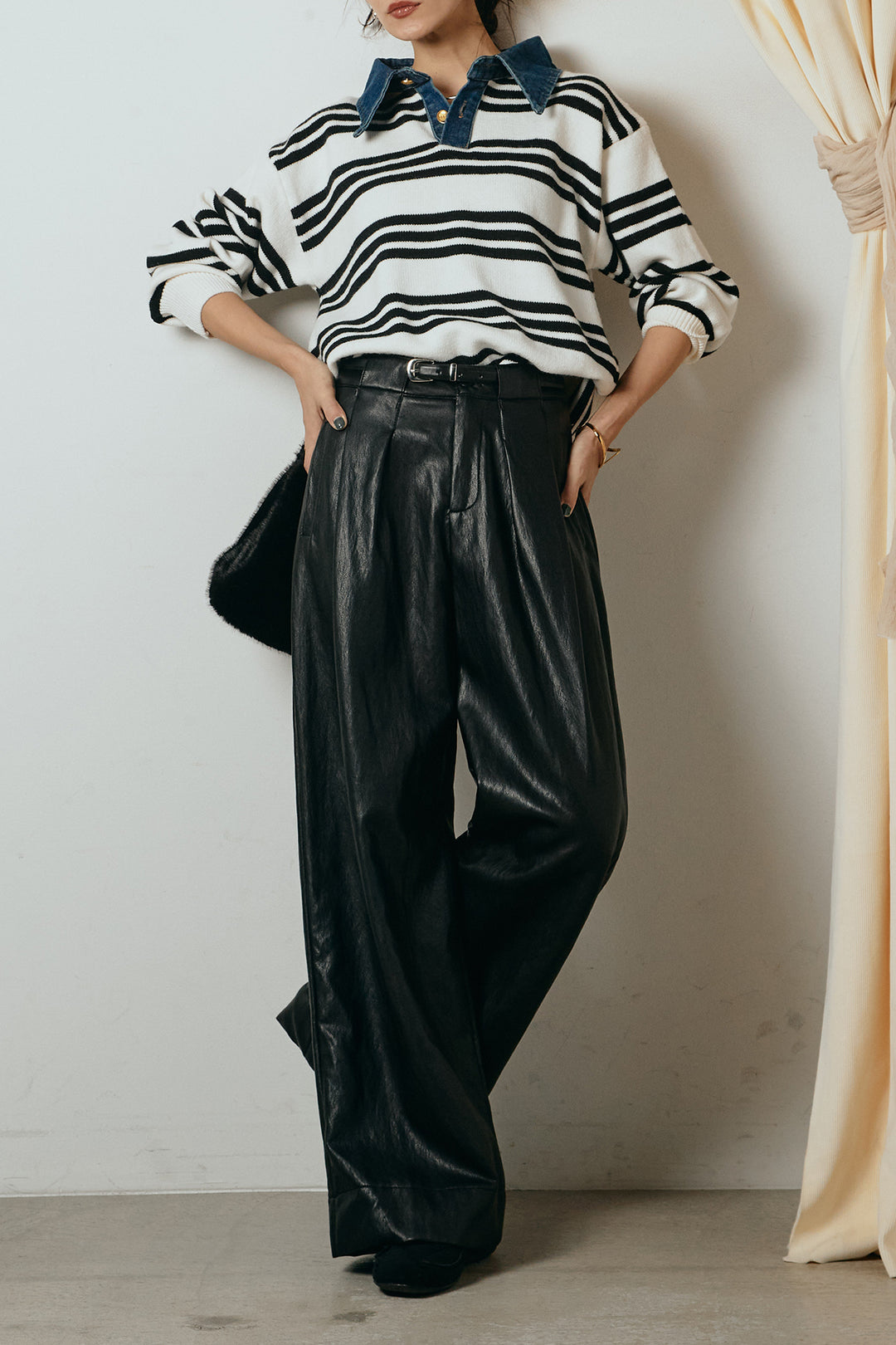 [SET]デニムレイヤード風ランダムボーダーニットプルオーバー+ベルト付きレザーライクタックパンツ(2set)