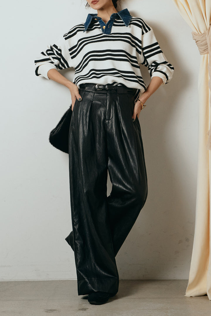 [SET]デニムレイヤード風ランダムボーダーニットプルオーバー+ベルト付きレザーライクタックパンツ(2set)