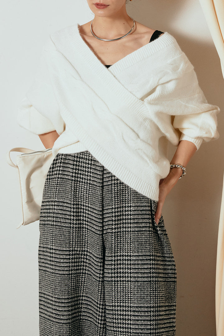 [SET]ケーブルカシュクールニットトップス+前後2wayグレンチェック柄スカーチョサロペット(2set)