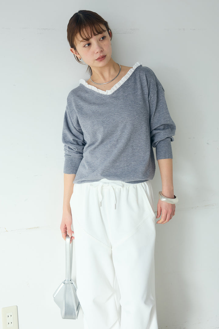 [SET]クールクール異素材コンビオフショルプルオーバー+ランダムタックデザインワイドパンツ(2set)