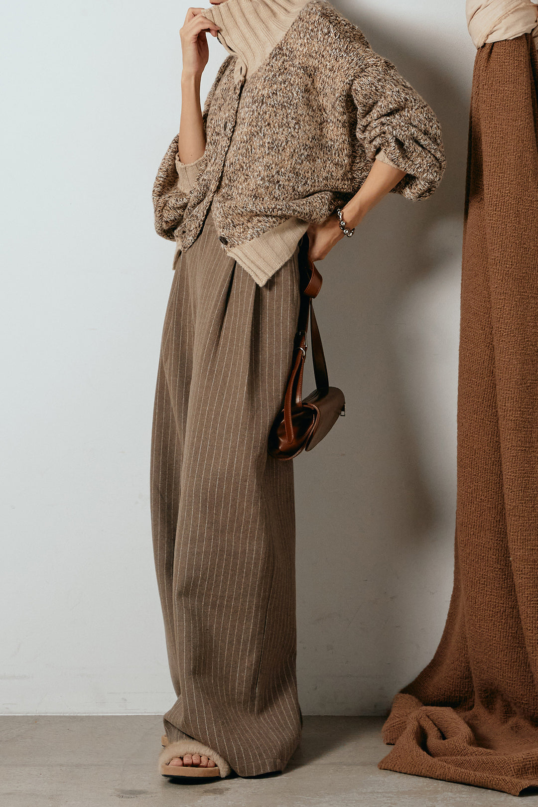 [SET]ハイネックミックスニットカーディガン+ウールライクストライプパンツ(2set)