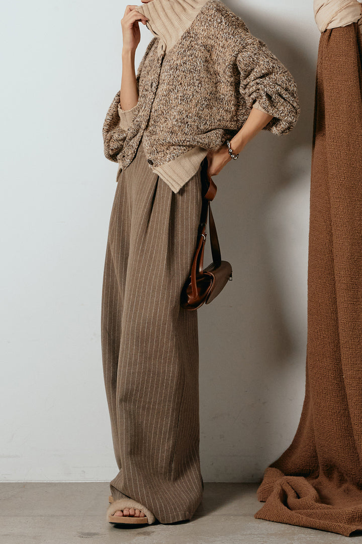 [SET]ハイネックミックスニットカーディガン+ウールライクストライプパンツ(2set)